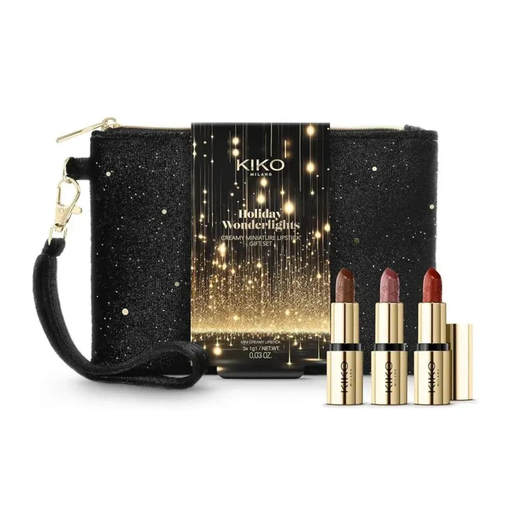 ست رژ لب کرمی طلایی کیکو با کیف شاین KIKO MILANO Holiday Wonderlights Creamy Miniature Lipstick Gift Set Holiday